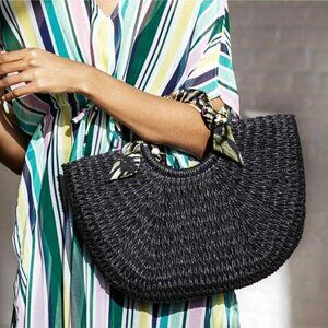 NWOT Lulu Roxanne Straw Paper Satchel Handbag Black & Floral Scarf Accent